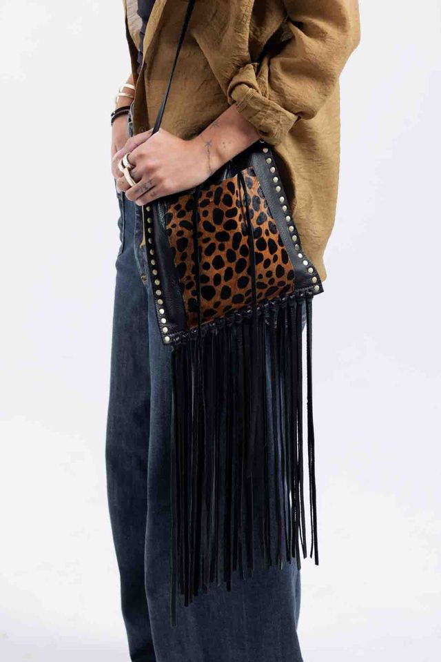 Black Leopard Fringe Bag