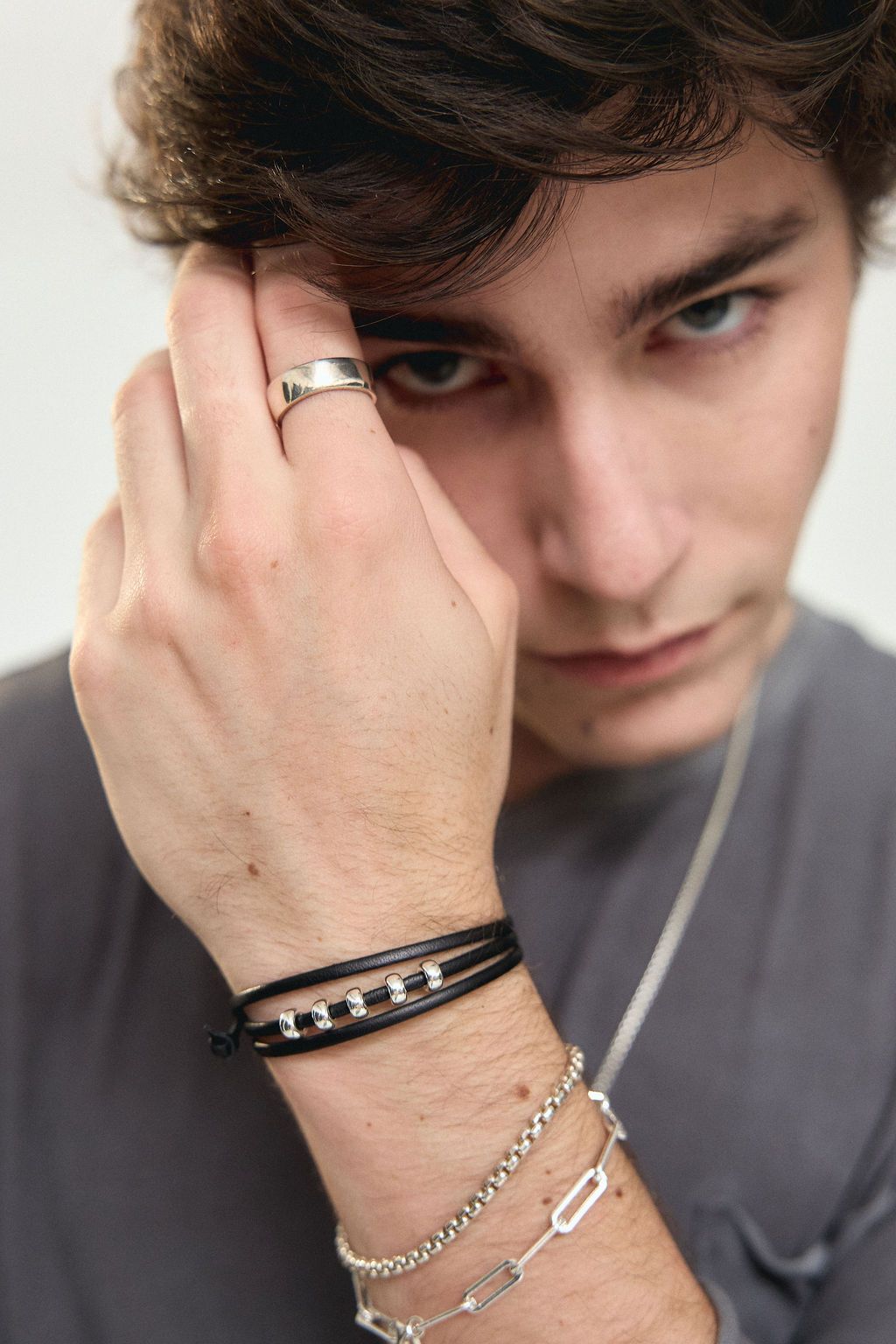 Men's Black And Silver Leather Bracelet - Silver