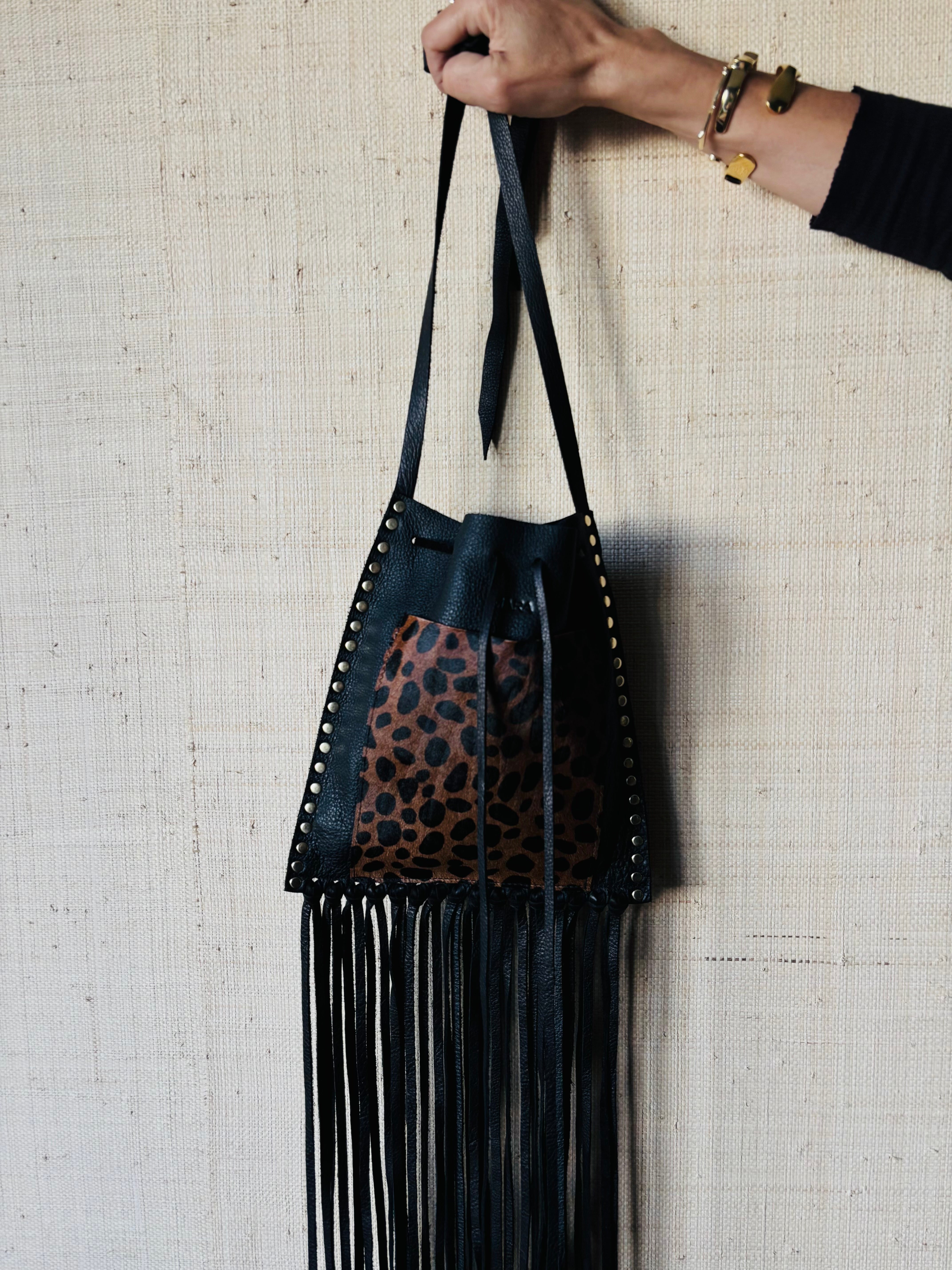 Black Leopard Fringe Bag