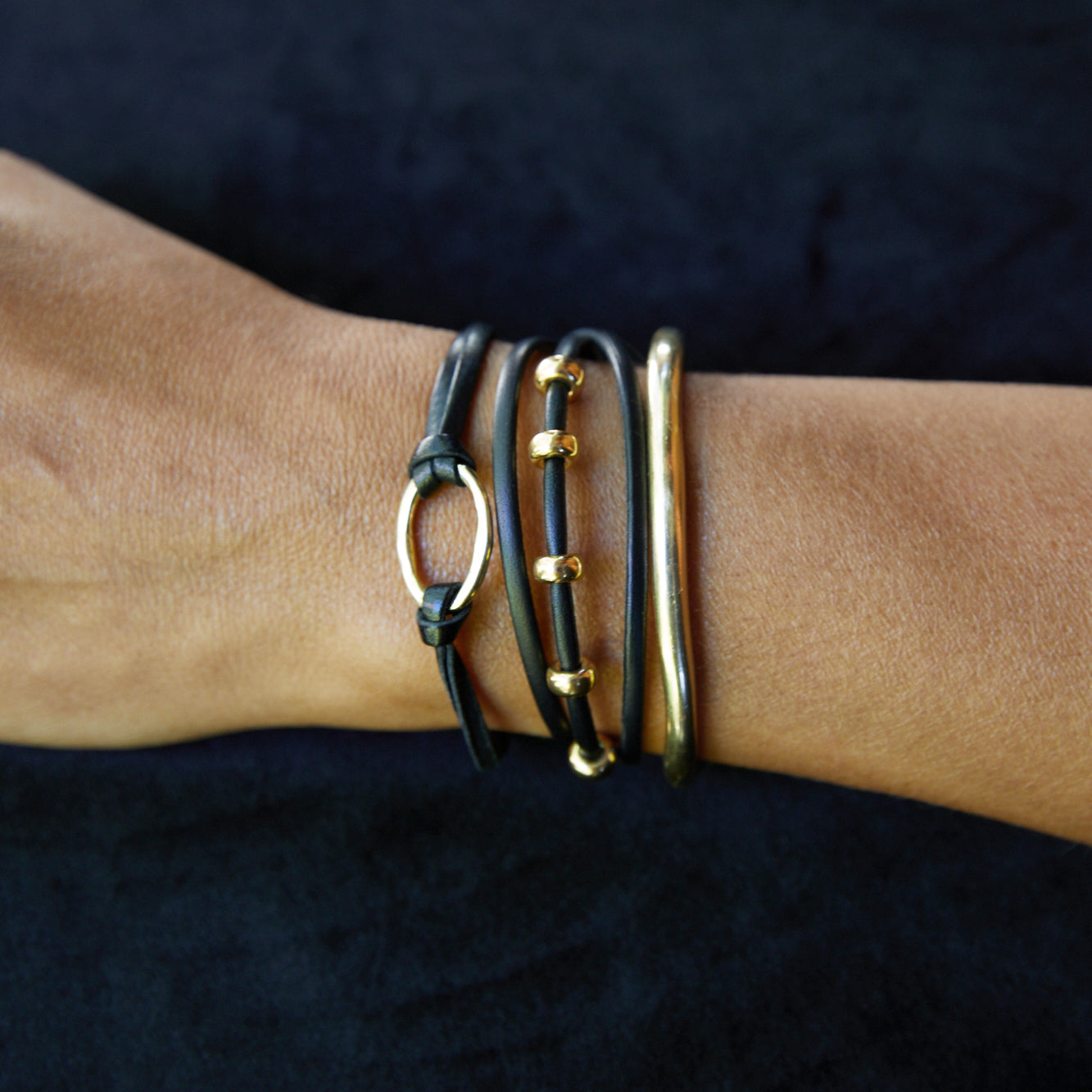 Black And Gold Leather Bracelet